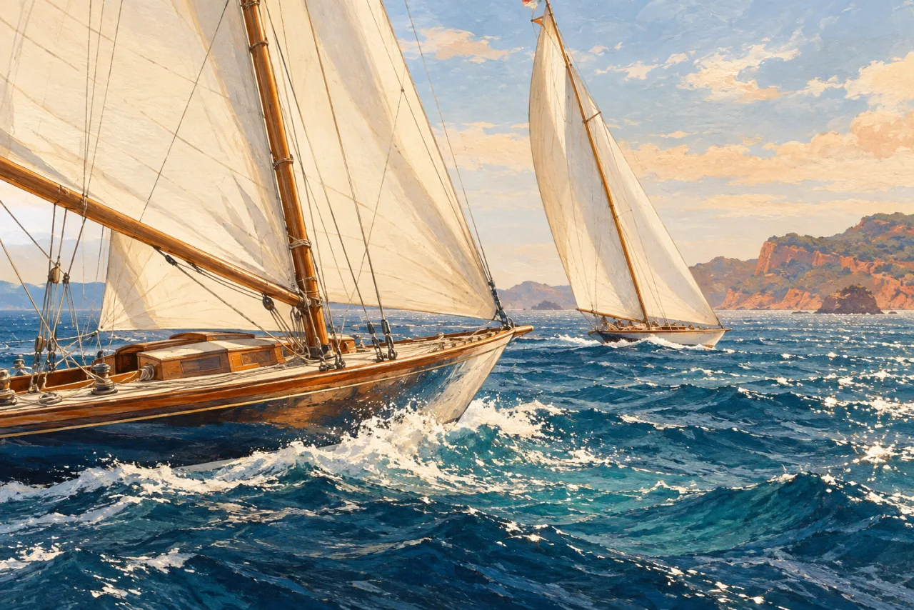 Illustration de deux voiliers classiques naviguant devant une côte méditerranéenne imaginaire.
