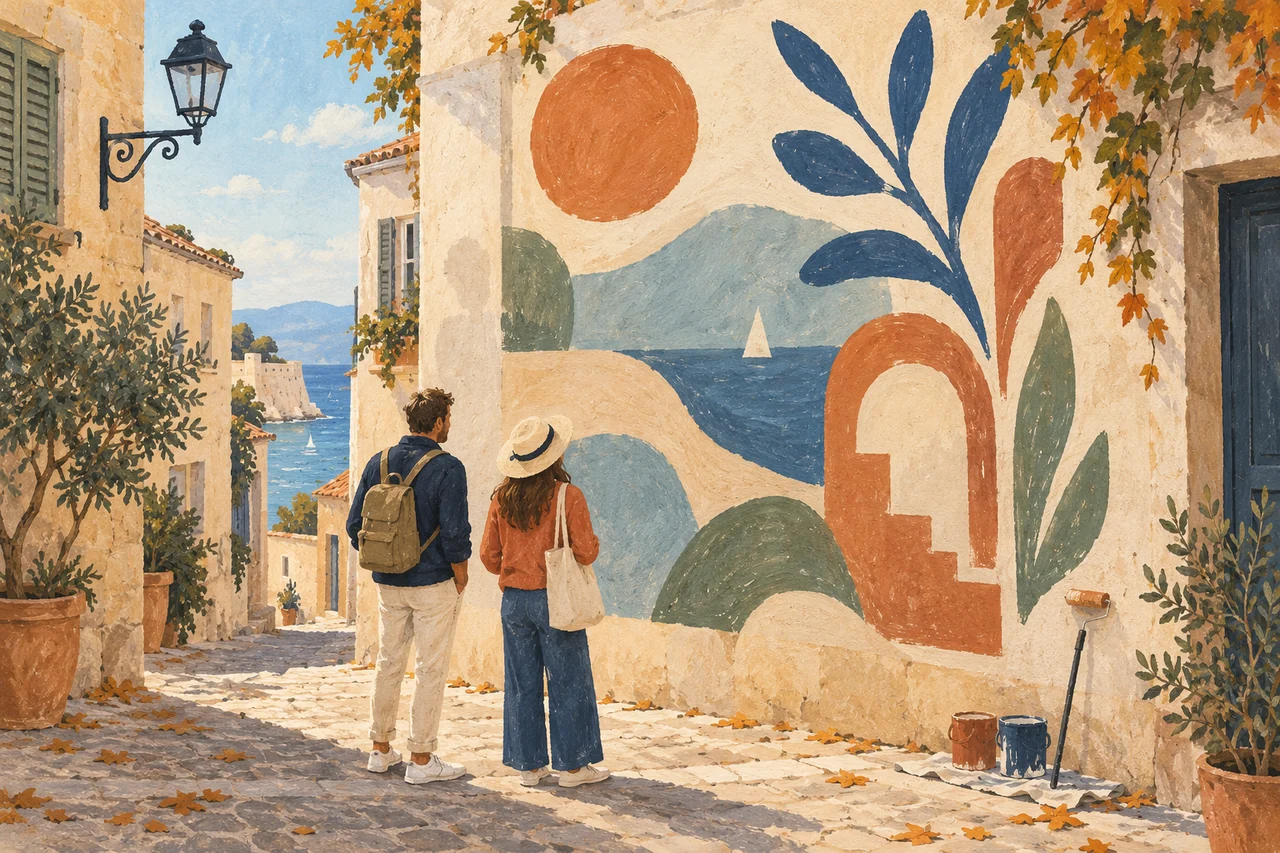Illustration à la gouache de deux promeneurs devant une fresque abstraite imaginaire, dans une rue méditerranéenne aux façades ocre, avec la mer au loin.