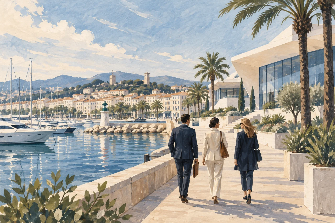 Illustration à la gouache d’une promenade méditerranéenne inspirée de Cannes, avec quelques visiteurs professionnels, un port et un bâtiment de congrès imaginaires.