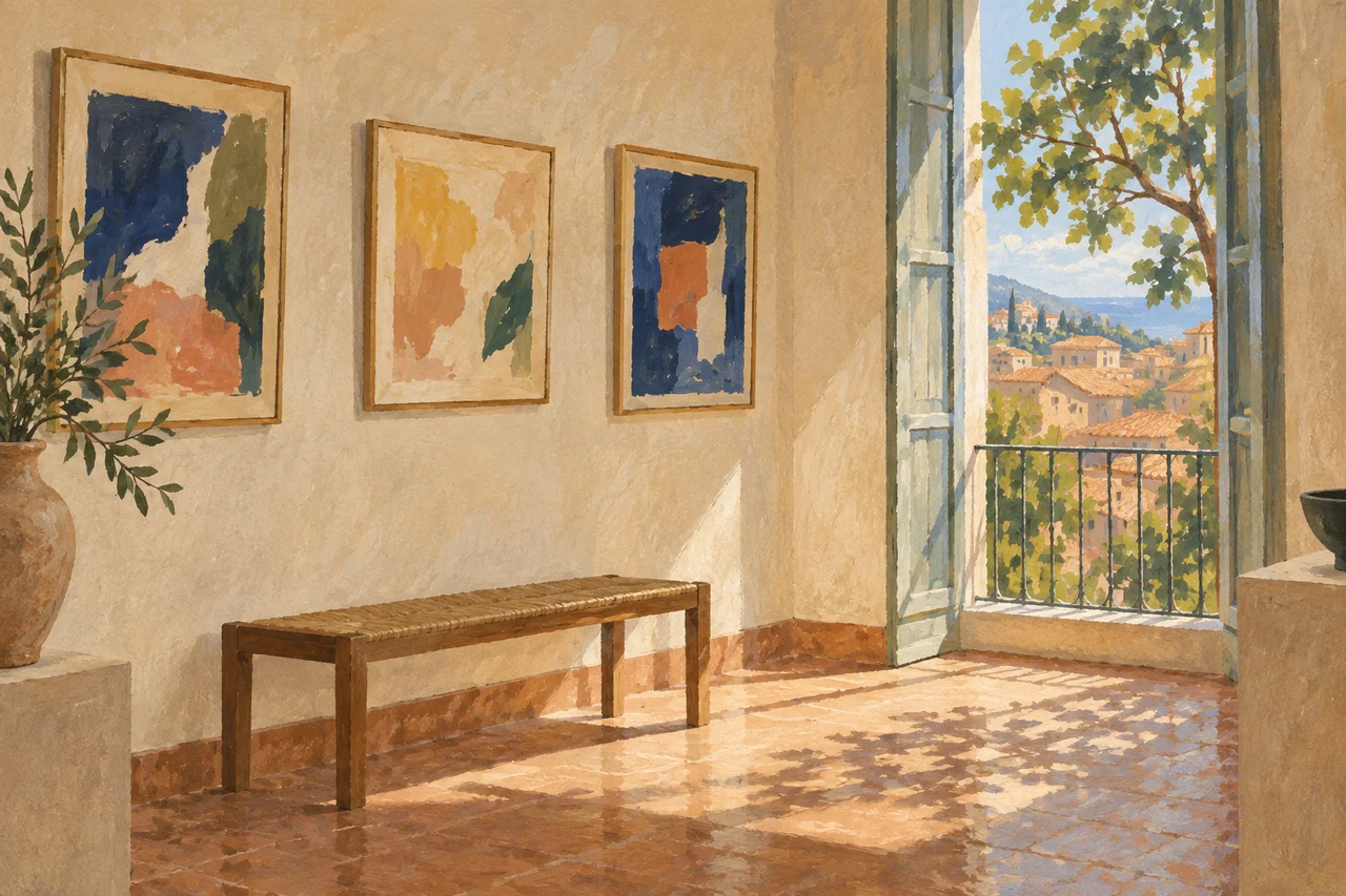 Galerie imaginaire, études de couleurs abstraites et fenêtre ouverte sur des toits provençaux.
