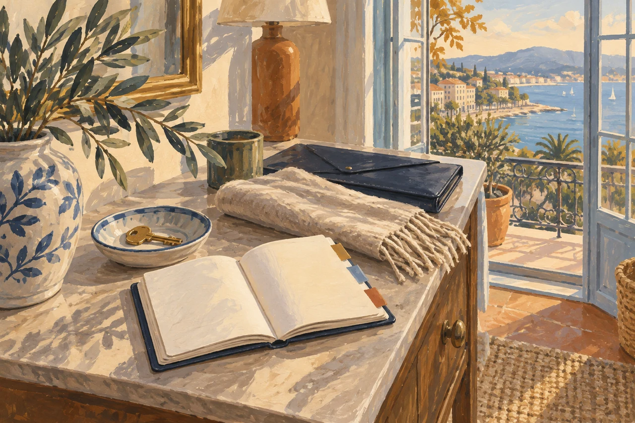 Illustration peinte : un agenda ouvert, une clé et un porte-documents sur une console, devant une fenêtre donnant sur un littoral méditerranéen imaginaire.