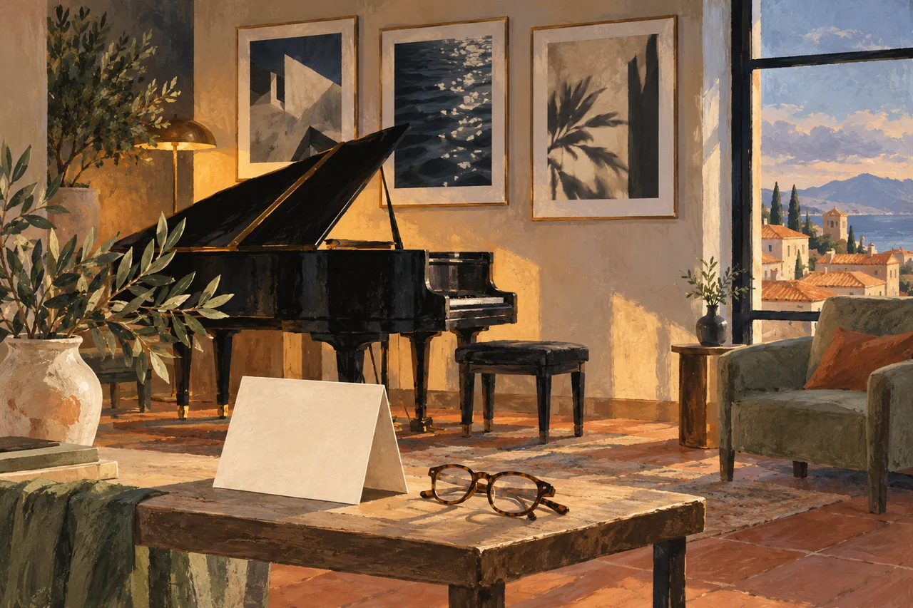 Illustration peinte : un piano, trois compositions encadrées et un programme vierge dans un intérieur méditerranéen imaginaire.