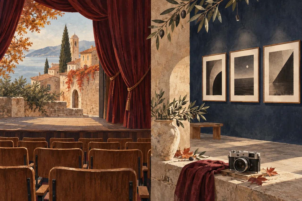 Illustration imaginaire associant une scène de théâtre, des chaises en bois, une galerie de photographies abstraites et un appareil photo.