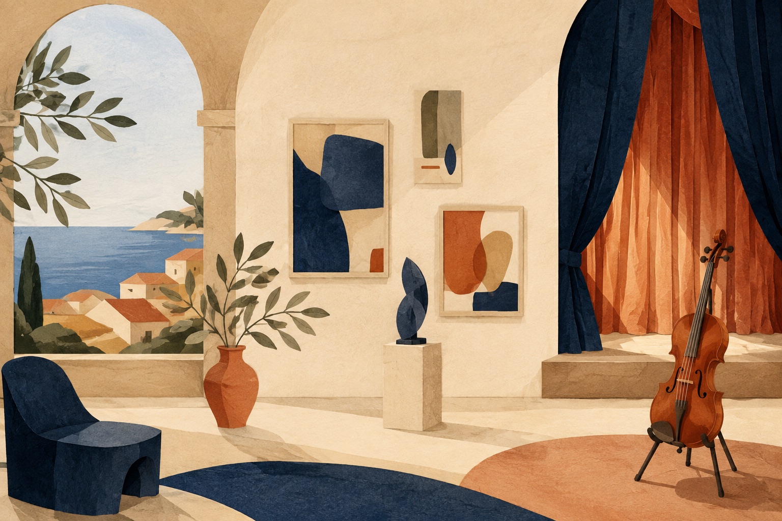 Illustration d’une galerie imaginaire, de rideaux de théâtre et d’un instrument à cordes dans une ambiance méditerranéenne.