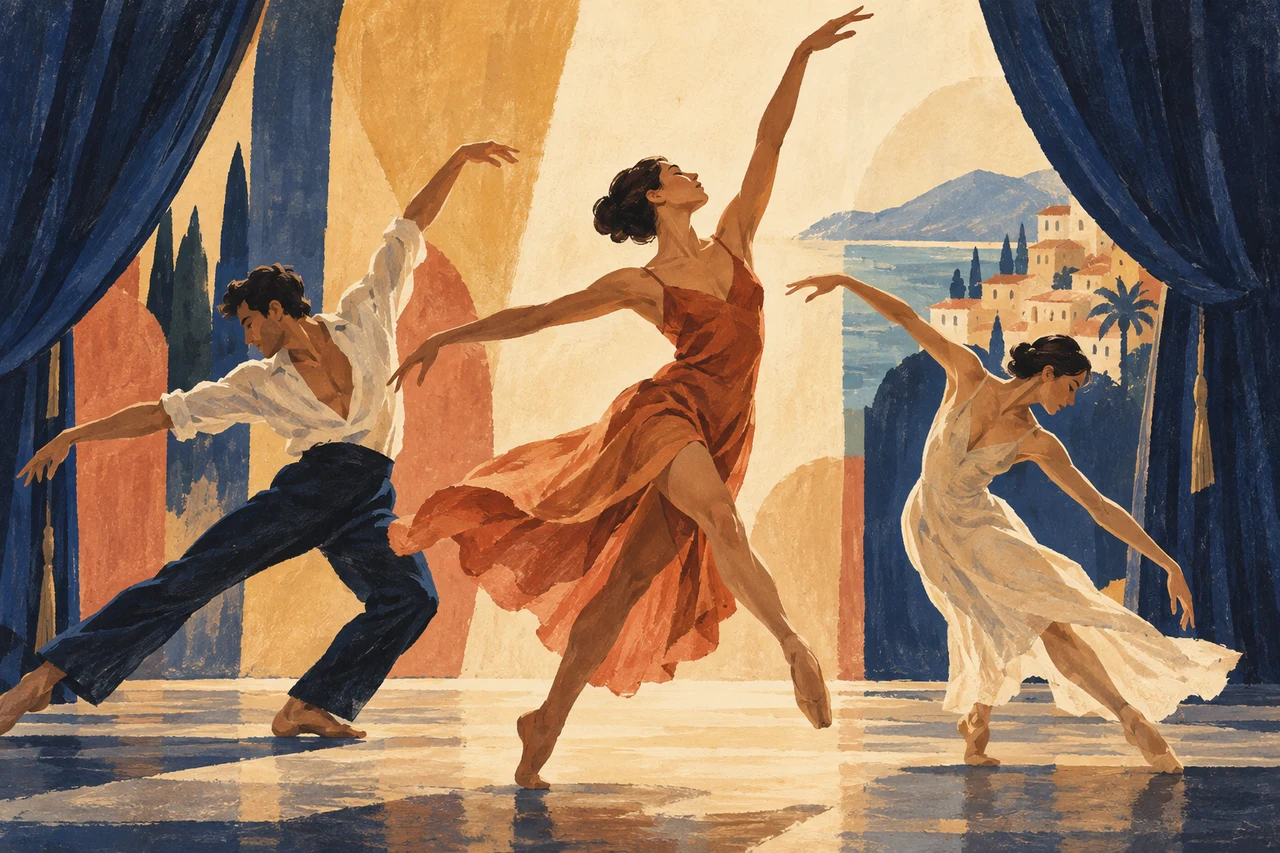 Illustration peinte de trois danseurs sur une scène imaginaire aux rideaux bleu marine.