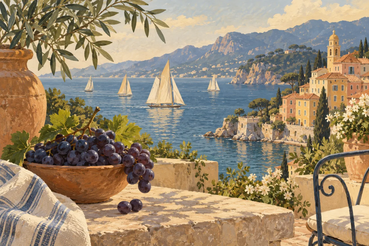 Illustration imaginaire de raisins, d’un village et de voiliers sur une baie méditerranéenne.