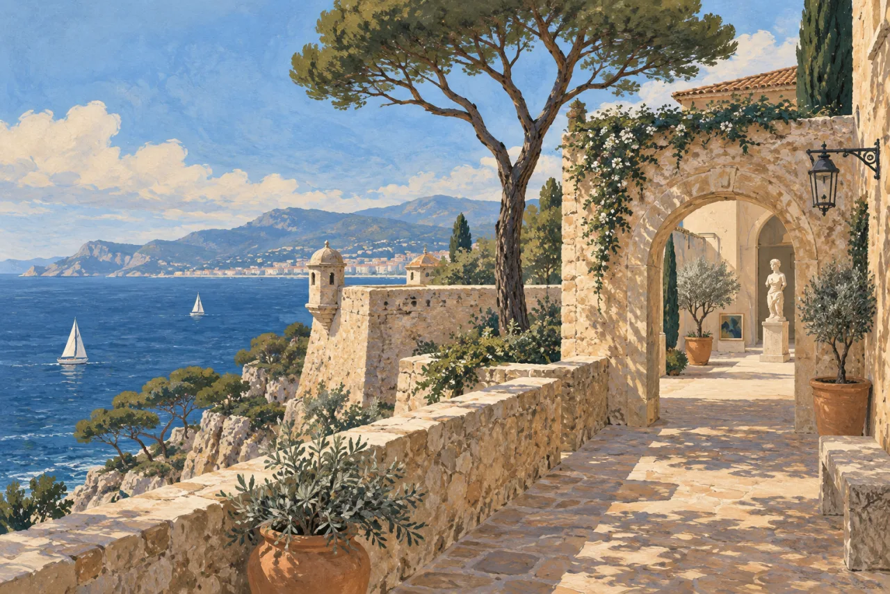Illustration de remparts et d’une cour culturelle imaginaires au bord de la Méditerranée.