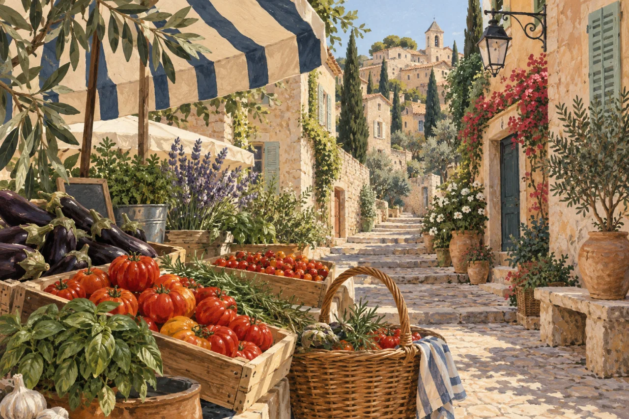 Illustration d’un étal de légumes dans une ruelle méditerranéenne imaginaire.