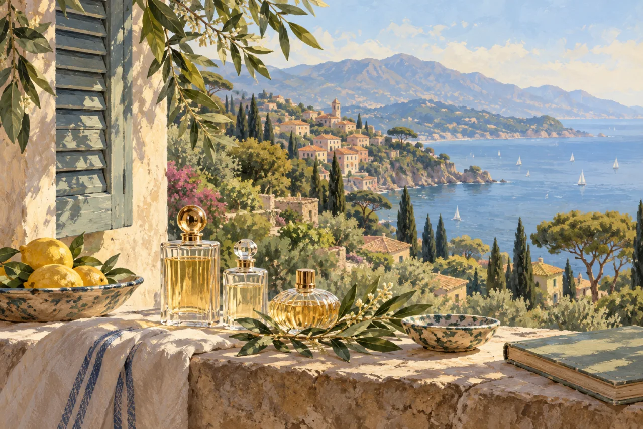 Illustration de flacons de parfum devant un paysage méditerranéen imaginaire.