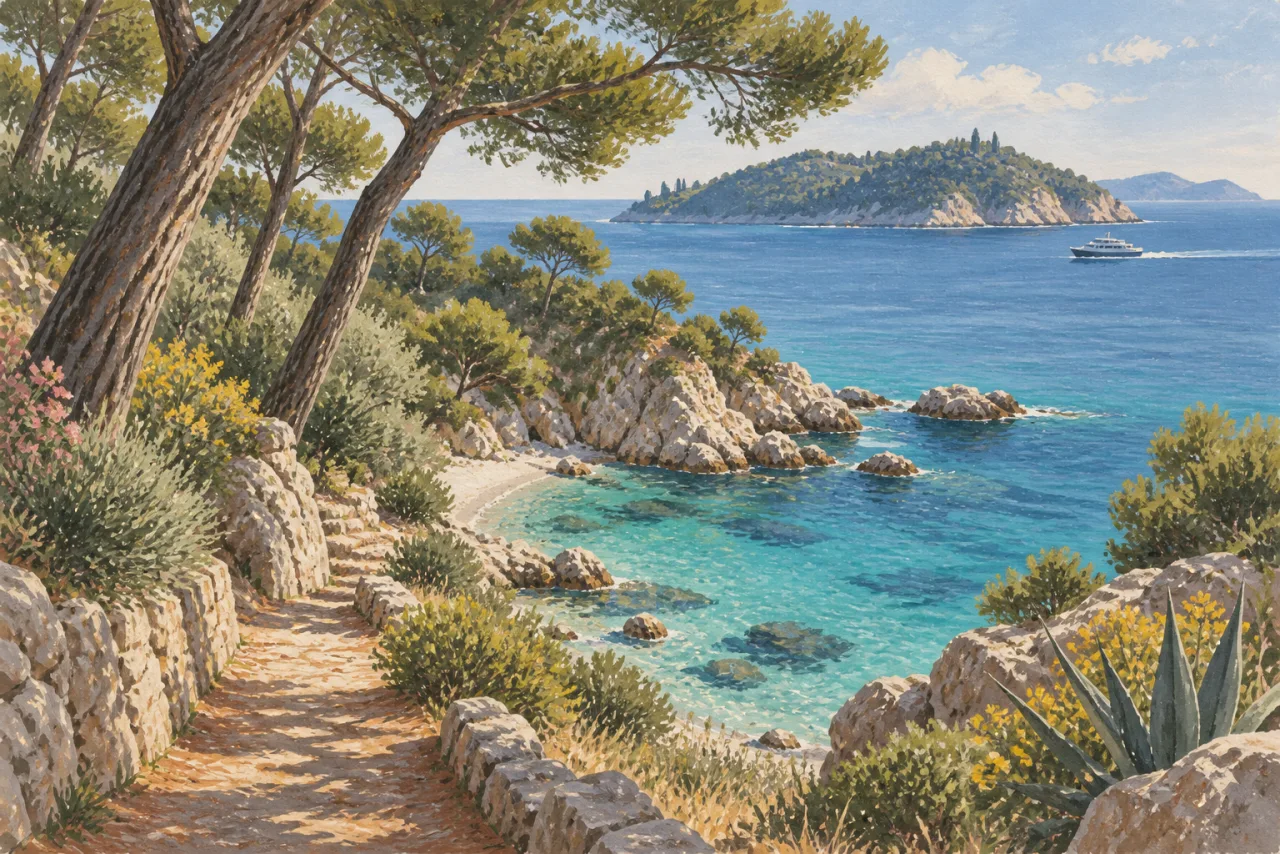 Illustration d’une crique, de pins et d’une île méditerranéenne imaginaires.