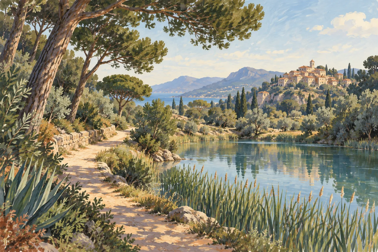 Illustration d’un sentier, d’un étang et d’un village méditerranéen imaginaires.
