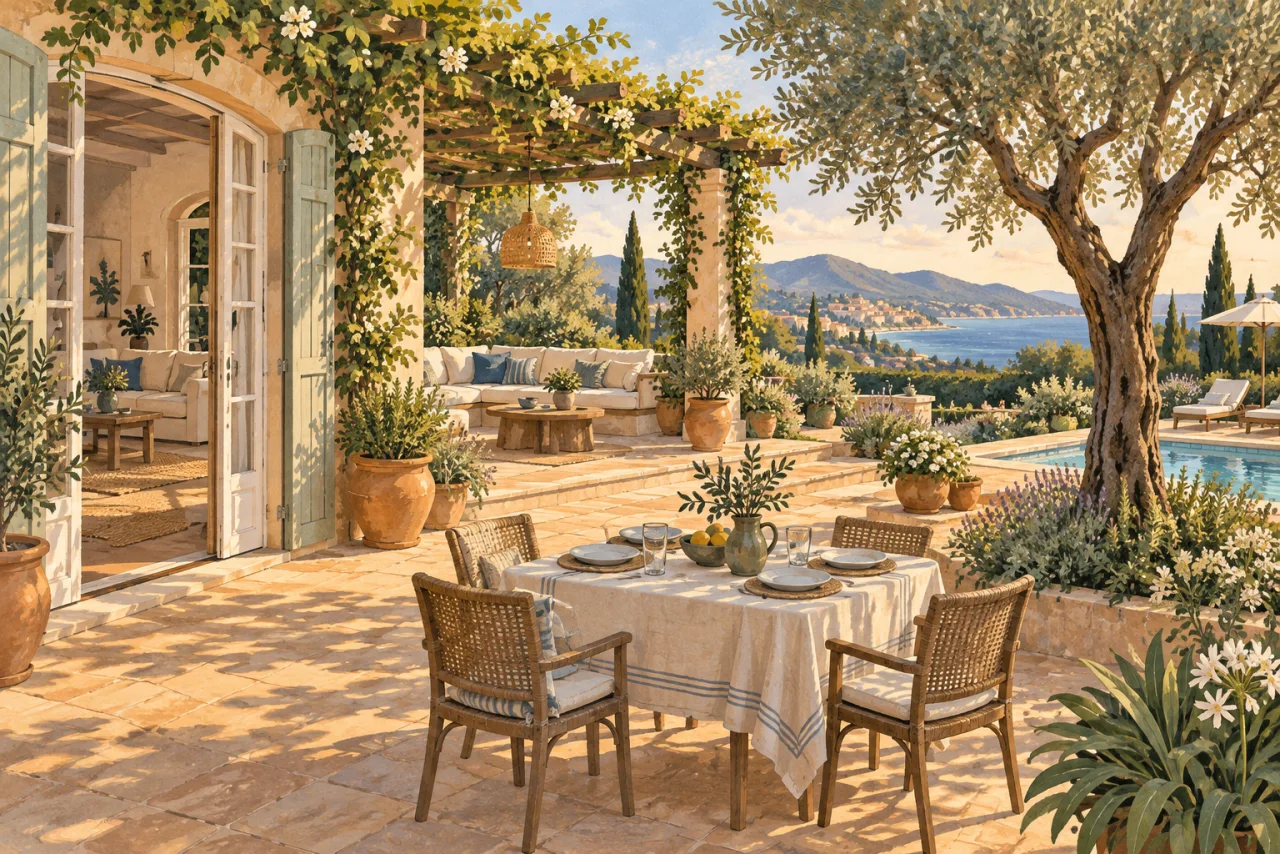 Illustration peinte d’une terrasse ombragée, d’un jardin méditerranéen et d’une piscine devant une villa imaginaire