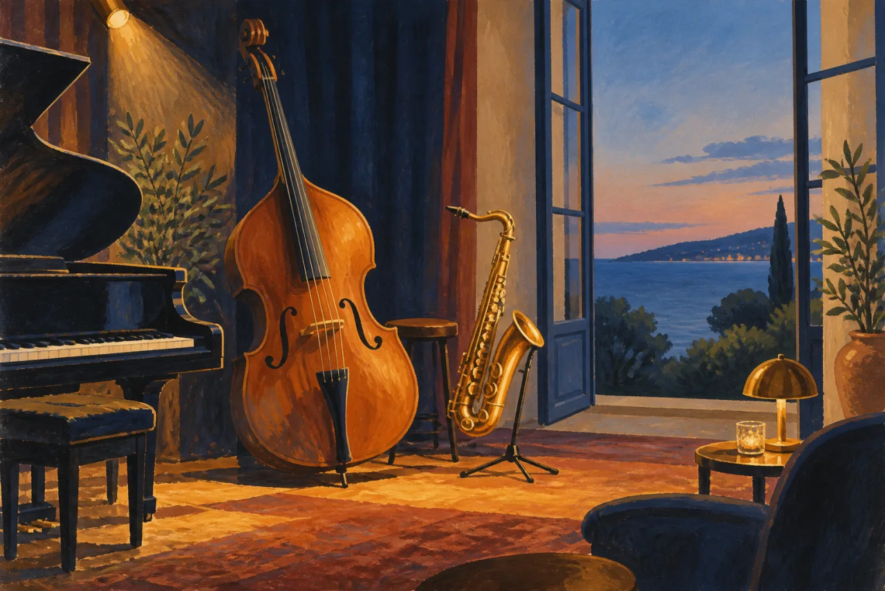 Illustration peinte d’une contrebasse, d’un saxophone et d’un piano dans une ambiance jazz au crépuscule