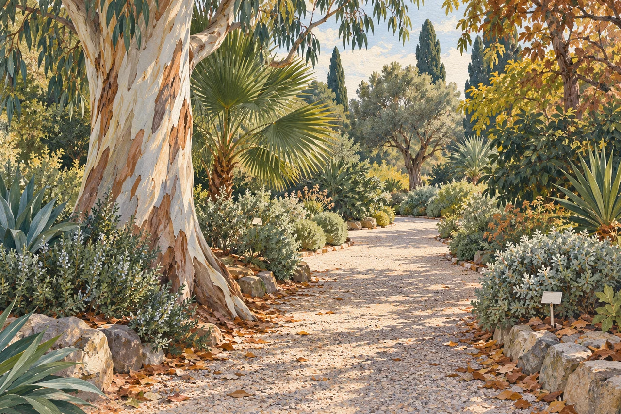 Illustration peinte d’un jardin botanique imaginaire : une allée de gravier entre un grand tronc clair, des palmes et des feuillages variés.