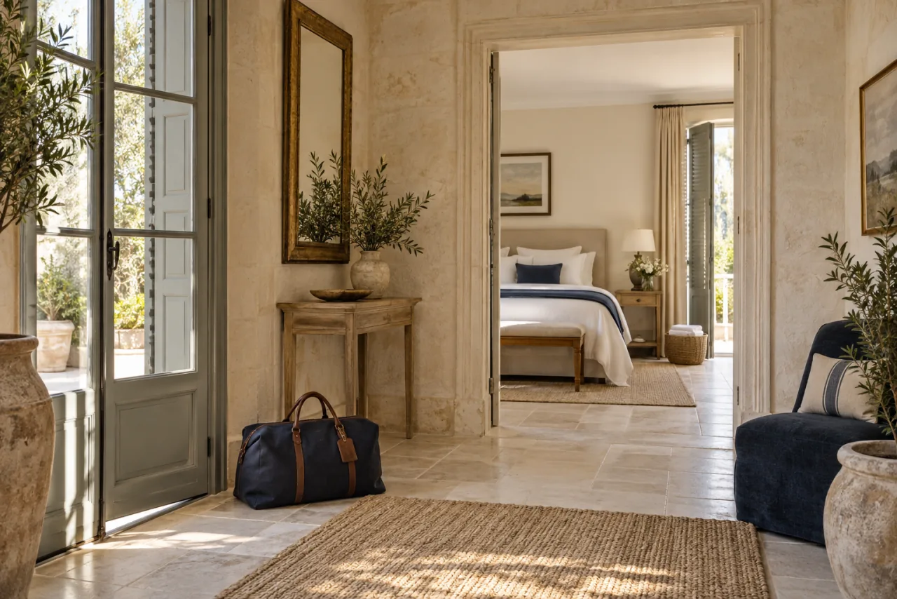 Illustration : entrée et chambre préparées pour un séjour, avec bagage et linge de maison.