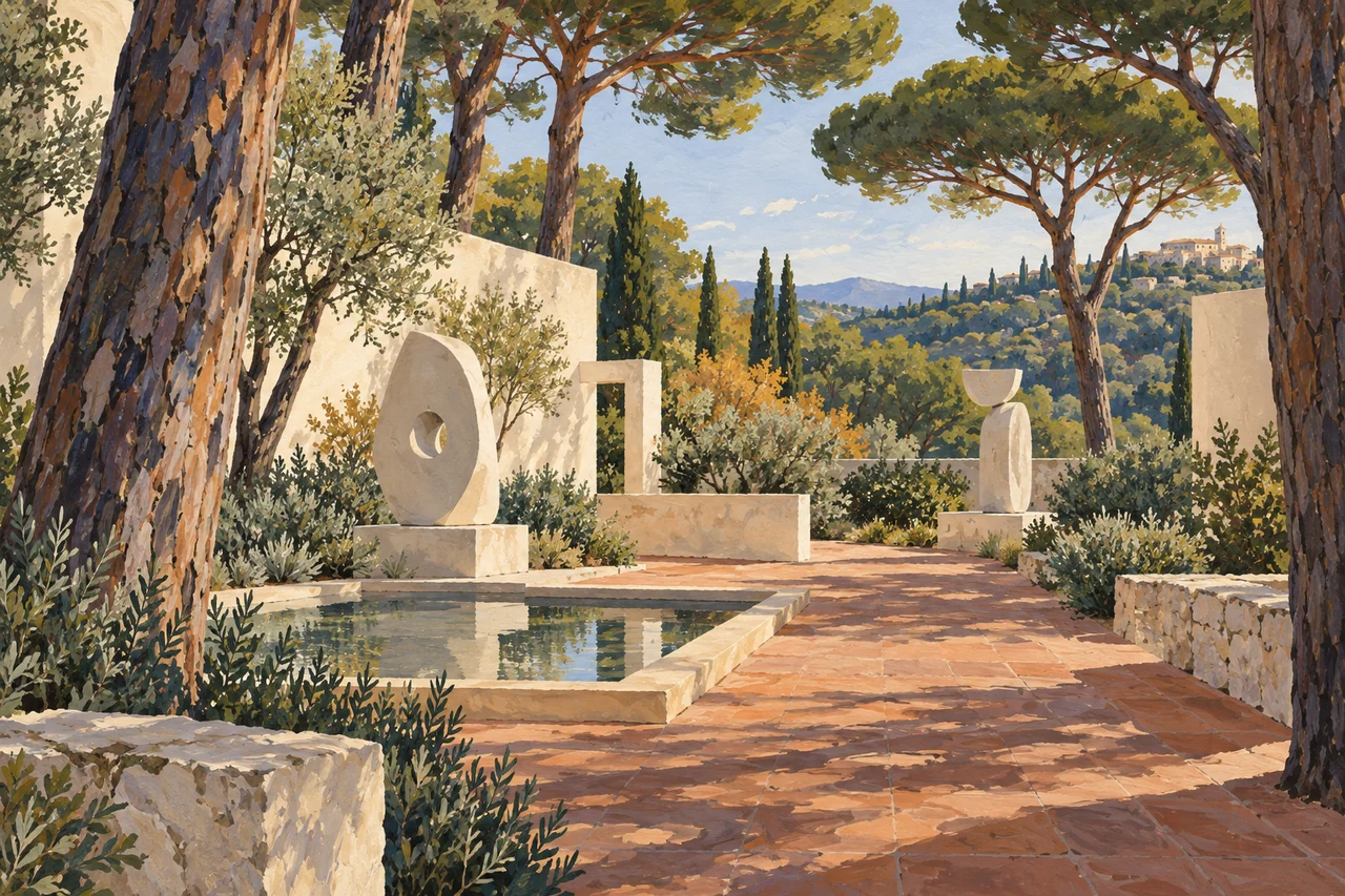 Illustration peinte d’un jardin d’art imaginaire sous les pins, avec deux sculptures abstraites, un bassin et une allée en terre cuite face aux collines.