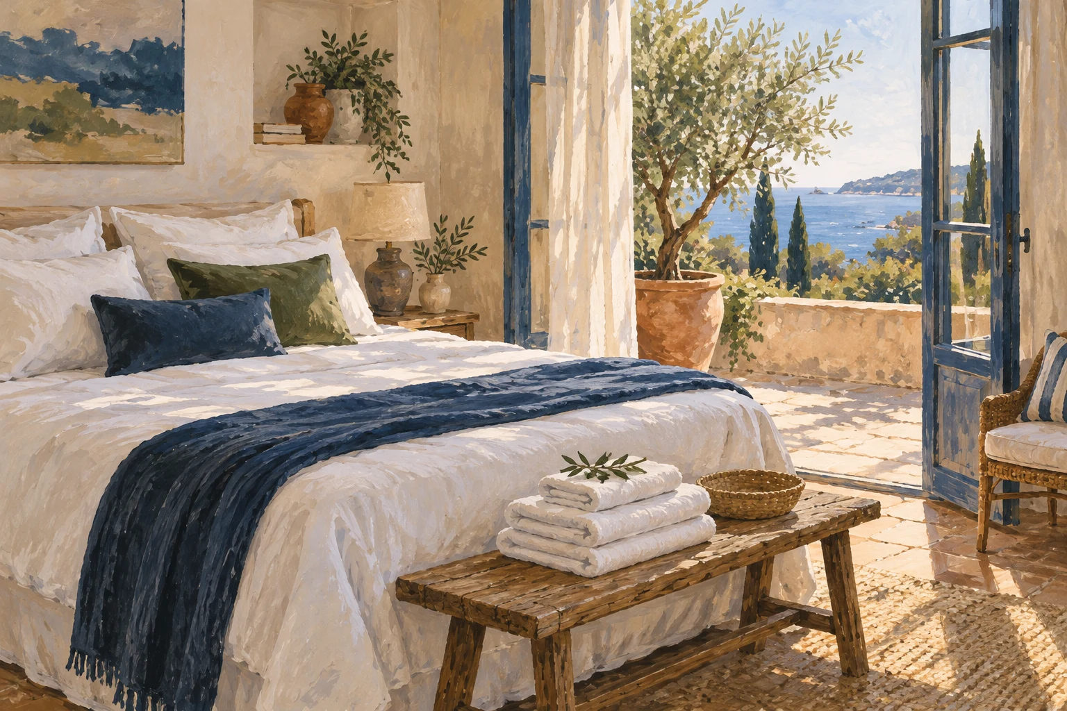 Illustration peinte d’une chambre préparée avec du linge plié.