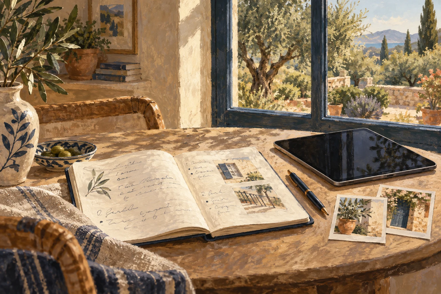 Illustration peinte d’un carnet de suivi et de photographies de la maison.