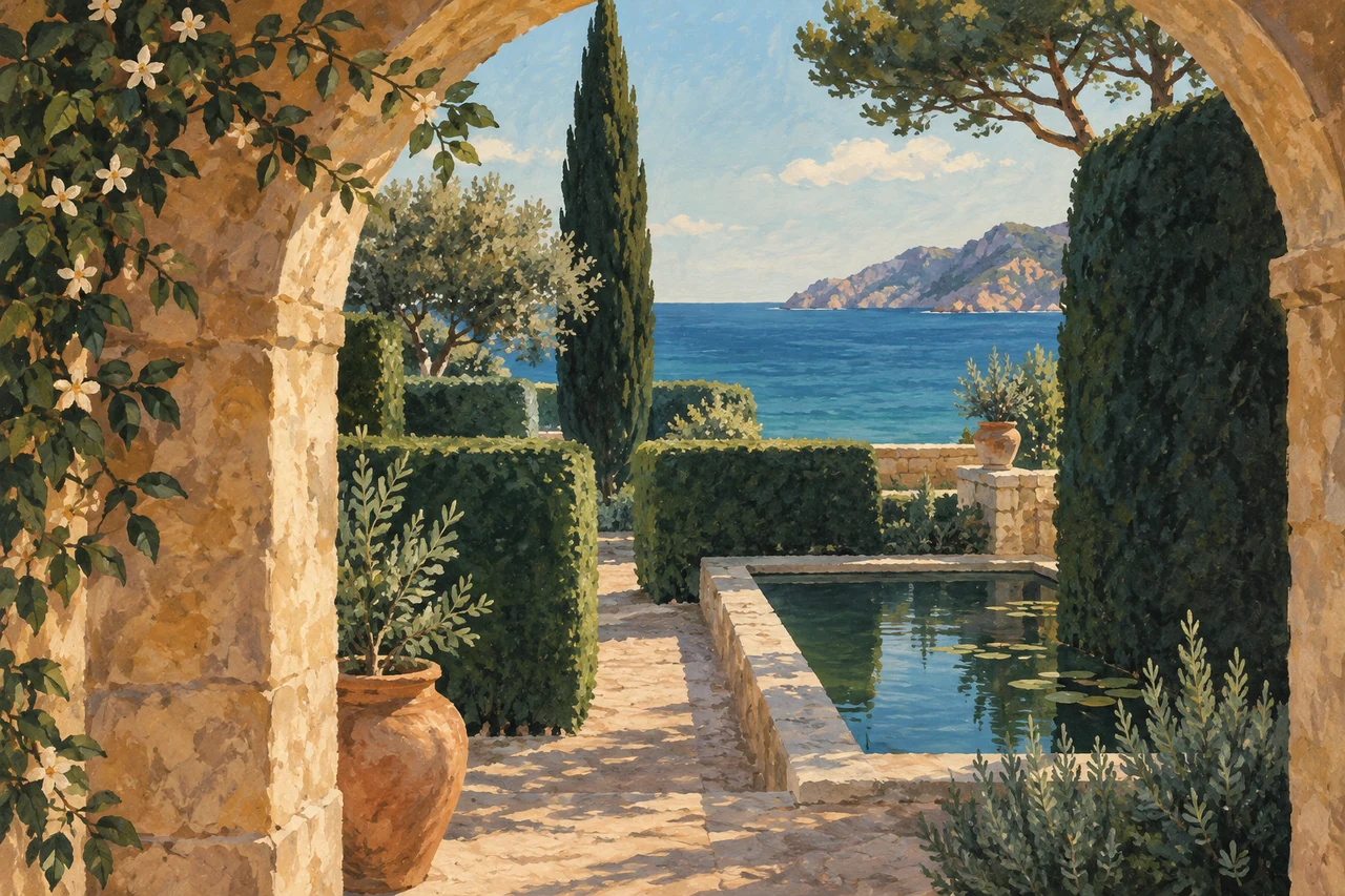 Illustration peinte d’un jardin méditerranéen imaginaire : haies, bassin et cyprès, vus sous une arche de pierre face à la mer.
