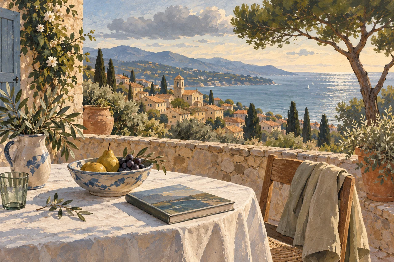 Illustration peinte d’une terrasse méditerranéenne imaginaire en automne, avec une table dressée, un livre et une vue sur un village et la mer.