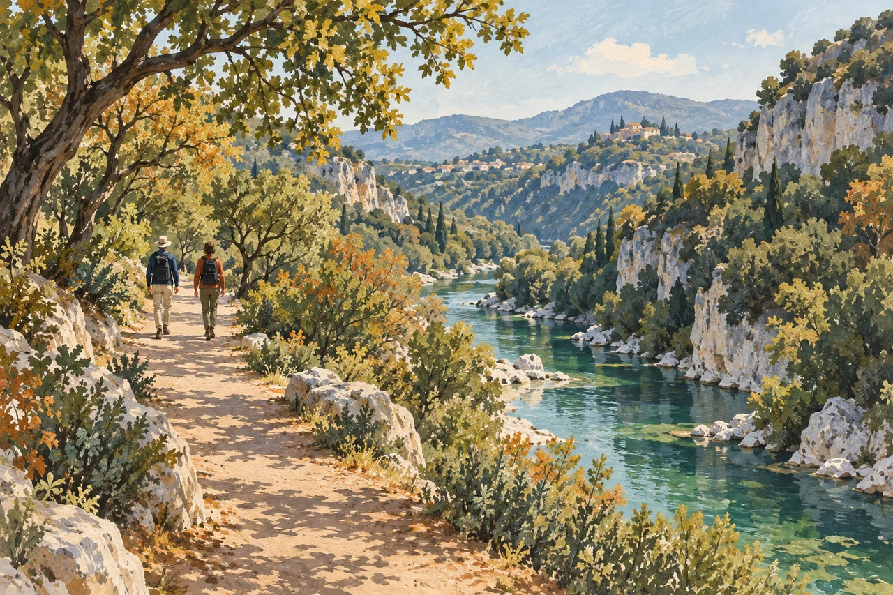 Illustration peinte d’une vallée méditerranéenne imaginaire : deux marcheurs sur un sentier arboré dominant une rivière verte.