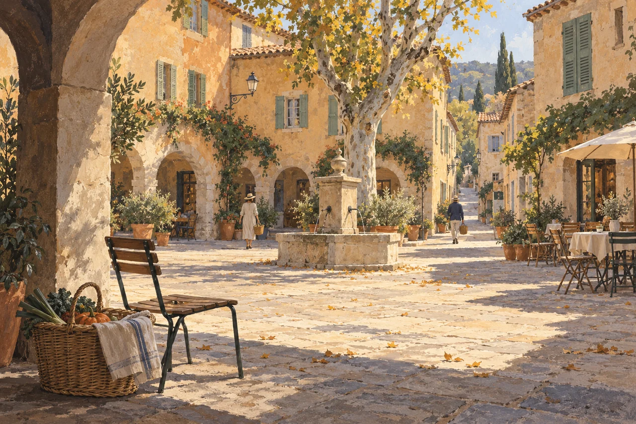 Illustration peinte : une place de village imaginaire bordée d’arcades, avec un panier de marché et une chaise au premier plan.