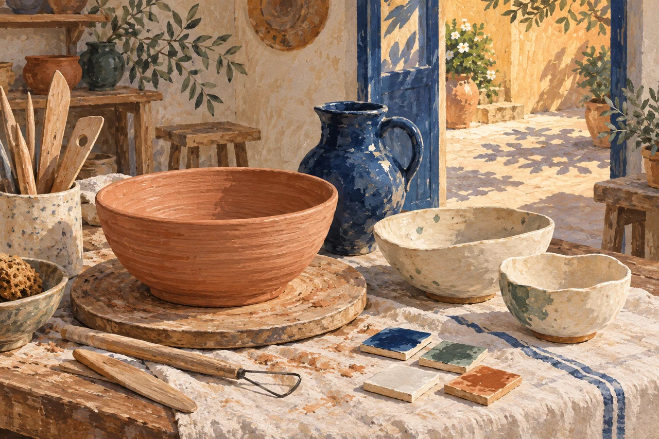 Illustration peinte : un bol en terre cuite, un pichet bleu et des outils de potier sur un établi, devant la cour ensoleillée d’un atelier imaginaire.