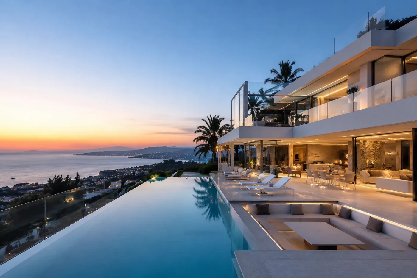 Villa contemporaine avec piscine à débordement et vue mer à Cannes au coucher du soleil